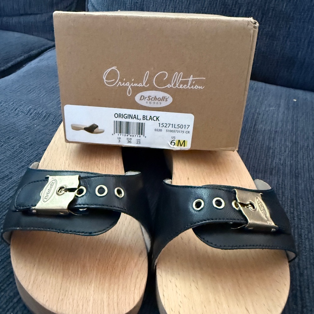 Dr. Scholl's Black Leather Mules with Wooden Sole - Picture 3 of 5